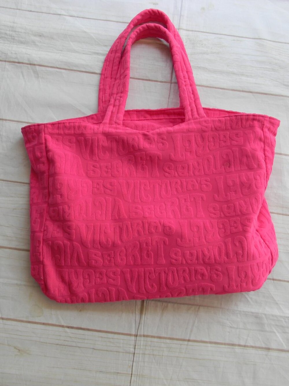 Victoria's Secret Bright Pink Terry Cloth Logo Tote Bag w/ Double Handles LARGE